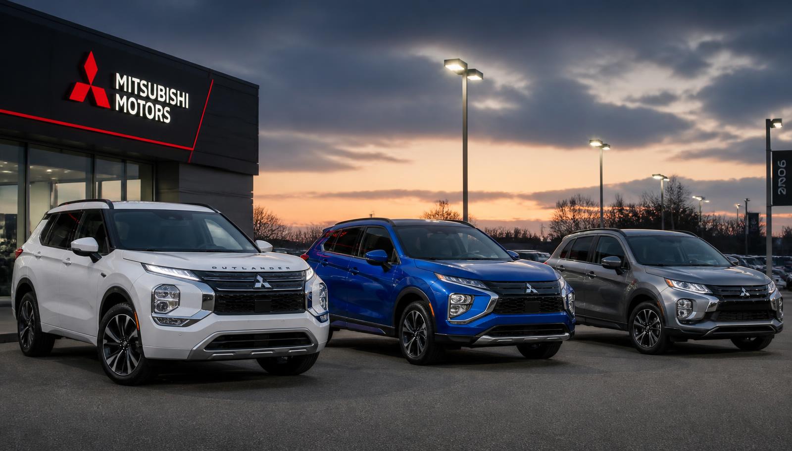 2026 Mitsubishi Outlander, Eclipse Cross and Outlander Sport lined up at the dealership